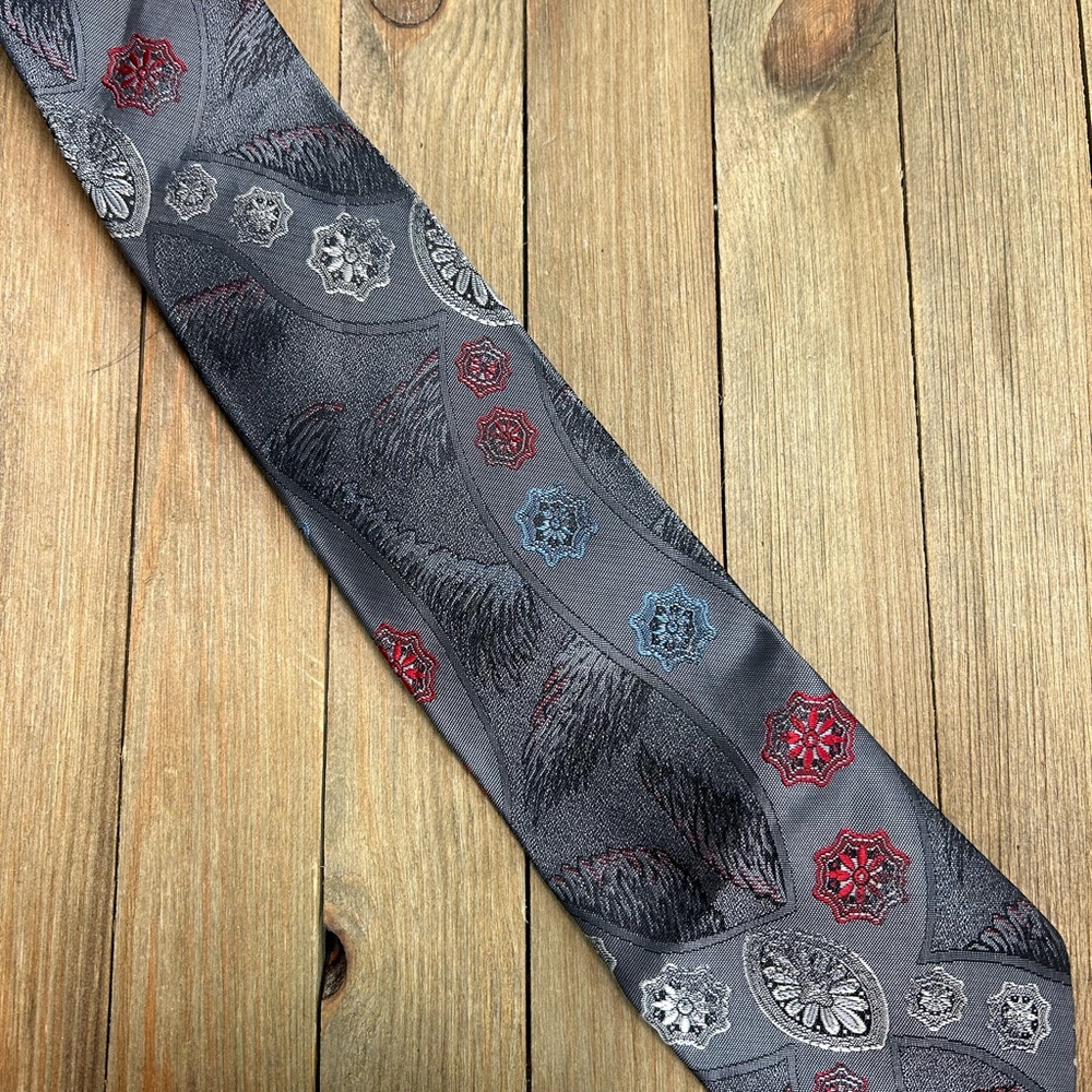 Oscar de la Renta Studio Tie Gray Geometric Floral Pattern Vintage Men’s NeckTie